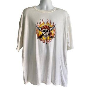 West Marine Short Sleeve Tee Shirt Pirate Skull with Flames White XXL